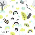 Nordic seamless pattern. Leaf, tree, rainbow, gras