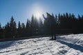 Nordic skiing or Cross-country skiing classic technique practiced by man in a beautiful panoramic trail at morning. Royalty Free Stock Photo