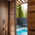 A Nordic spa bathroom with a cedar sauna, cold plunge pool, and heated towel racks1, Generative AI Royalty Free Stock Photo