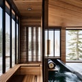 A Nordic spa bathroom with a cedar sauna, cold plunge pool, and heated towel racks5, Generative AI Royalty Free Stock Photo