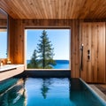 A Nordic spa bathroom with a cedar sauna, cold plunge pool, and heated towel racks3, Generative AI Royalty Free Stock Photo