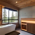 A Nordic spa bathroom with a cedar sauna, cold plunge pool, and heated towel racks4, Generative AI Royalty Free Stock Photo