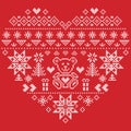 Nordic style Christmas pattern in heart shape with bear on red background