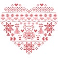 Nordic style Christmas pattern in heart shape with bear on white background Royalty Free Stock Photo