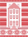 Nordic style and inspired by Scandinavian Christmas pattern illustration in cross stitch in red and white with gingerbread house Royalty Free Stock Photo