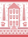 Nordic style and inspired by Scandinavian Christmas pattern illustration in cross stitch in red and white with gingerbread house Royalty Free Stock Photo