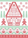 Nordic style and inspired by Scandinavian cross stitch craft Christmas pattern in red , green including heart, gingerbread house,