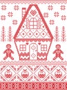 Nordic style and inspired by Scandinavian cross stitch craft Christmas pattern in red , white including heart, gingerbread house