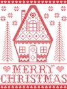 Nordic style and inspired by Scandinavian cross stitch craft Merry Christmas pattern in red and white including heart, gingerbread