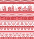 Nordic style and inspired by Scandinavian cross stitch craft merry Christmas pattern in red and white including winter wonderland Royalty Free Stock Photo