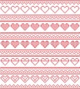 Nordic style and inspired by Scandinavian cross stitch craft seamless Christmas pattern in red and white including vary hearts el