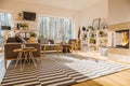 Nordic style living room interior with striped carpet, corner co