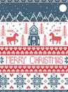 Nordic style Merry Christmas pattern in red and white including winter wonderland village, church, xmas trees, mountains, stars