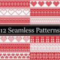 12 Nordic style vector seamless Christmas patterns inspired by Scandinavian Christmas, festive winter in cross stitch with heart Royalty Free Stock Photo