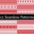 Nordic style vector semaless christmas patterns inspired by Scandinavian Christmas, festive winter in cross stitch with heart Royalty Free Stock Photo