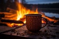 Nordic tranquility Coffee cup glows by the wilderness campfire