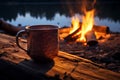 Nordic tranquility Coffee cup glows by the wilderness campfire
