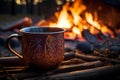 Nordic tranquility Coffee cup glows by the wilderness campfire