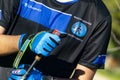 Nordic walking. Close-up of some hands with walking sticks in an outdoor park in Madrid, Spain.