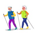 Nordic Walking Exercising Senior Couple Vector Illustration