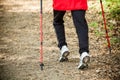 Nordic walking. Female legs hiking in forest or park. Royalty Free Stock Photo