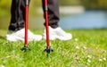 Nordic walking. Female legs hiking in the park. Royalty Free Stock Photo