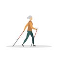 Old woman hiking with nordic walking poles.