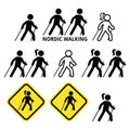 Nordic Walking, people walking outdoors with sticks icons set Royalty Free Stock Photo