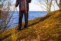 Nordic walking sport run walk outdoor person sea figure beach Royalty Free Stock Photo