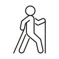 Nordic walking, trekking, line icon. Person walk with sticks, poles. Accessible sport activities for health. Vector sign