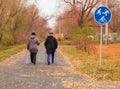 Nordic walking for two elderly women outdoors in autumn Park