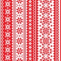 Christmas Scandinavian vector seamless pattern - red and white festive knitting, cross-stitch vertical oriented design with snowfl