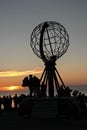 Nordkapp. Globe Monument at North Cape, Norway. Midnight at Nordkapp