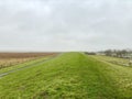 Nordsee dike Deich in Germany, surrounded by green grass in winter, with cold wind