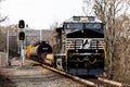 Norfolk Southern freight train stands at a signal in Rapidan, Virginia.