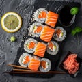 Nori Maki Philadelphia Sushi Rolls Set, Uramaki or Futomaki Sushi with Red Fish, Raw Salmon Royalty Free Stock Photo