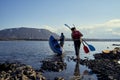 Norilsk, Russia - June 20, 2017: a guy and a girl floating on a kayak