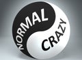 Normal and crazy in balance - pictured as words Normal, crazy and yin yang symbol, to show harmony between Normal and crazy, 3d