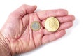 Normal euro coin and abstract golden euro coin on a palm of a hand white background. Banking and finance industry. Investment in