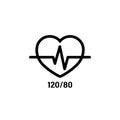Normal heart icon and blood pressure 120 by 80. Medical-themed logo. Vector on isolated white background. EPS 10