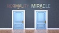 Normality and miracle as a choice - pictured as words Normality, miracle on doors to show that Normality and miracle are opposite