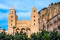 Norman cathedral with two towers in Cefalu, medieval town on Sicily island, Italy. Historic church in old town under La Royalty Free Stock Photo