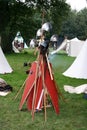 Norman helmets and shields at the reenactment of The Battle of Hastings in the UK Royalty Free Stock Photo