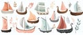 Norman ship set. 11 viking boats norway drakkar modern doodle icons for kids. Viking scandinavian draccars set. Royalty Free Stock Photo