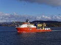 The Normand Ocean Offshore Supply Vessel heading out of Bergen Port in calm conditions Royalty Free Stock Photo