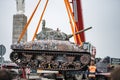 World War 2 Sherman M4 Tank monument memorial being delivered and lifted by crane to Arromanches Gold Beach near Omaha 75t D-Day Royalty Free Stock Photo