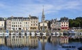 Normandy, traditional houses and boats in the old harbor basin Royalty Free Stock Photo