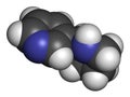 Nornicotine alkaloid molecule. Related to nicotine and also found in Nicotiana plants. 3D rendering. Atoms are represented as Royalty Free Stock Photo