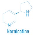 Nornicotine alkaloid molecule. Related to nicotine and also found in Nicotiana plants. Skeletal formula.