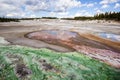 Norris Geyser Basin with green mineral stream in Yellowstone